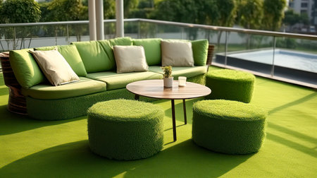 An Inviting Terrace Scene with Fabric Cushions, Outdoor Dining Set, and Lush Artificial Grass Flooringの素材