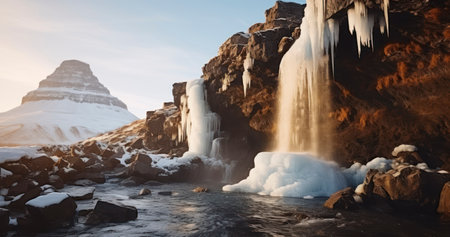 A Waterfall with Glittering Icicles Adorning the Cliff Faceの素材