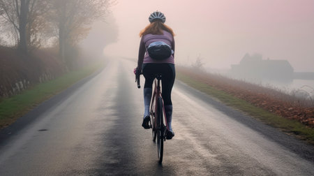 The Brisk Experience of a Woman Biking Through Cold, Foggy Roadsの素材