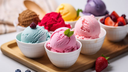 Assorted Vibrant Ice Cream Scoops Elegantly Served in White Bowlsの素材
