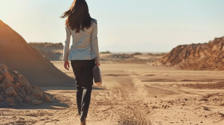 A Brunette Business Woman's Reflective Walk Through the Desertの素材