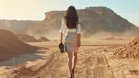 The Striking Image of a Brunette Business Woman Carving Her Path in the Desertの素材