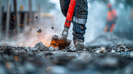 A Construction Worker Commands a Vibrant Red Jackhammer, Mastering the Art of Concrete Demolitionの素材