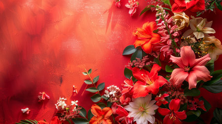 A close-up of vibrant red and pink flowers against a red background, showcasing their beauty and colorの素材
