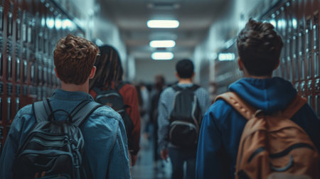 Students with backpacks walking through a school hallway, representing education and the daily life of teenagersの素材