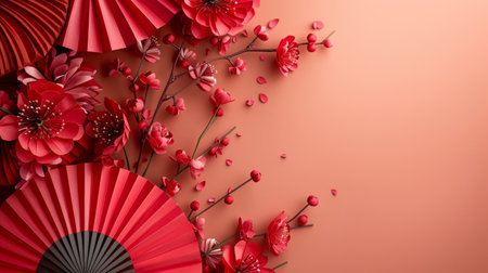 Red paper fans and flowers arranged on a peach background, creating a beautiful and decorative sceneの素材