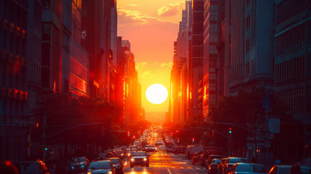 A picturesque view of a city street with the sun setting perfectly between the buildings, creating a warm and vibrant urban sceneの素材