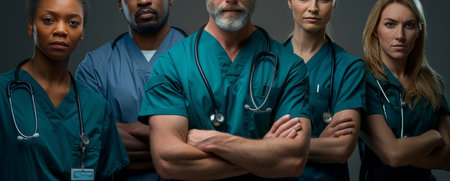 A diverse medical team in uniforms standing together with arms crossed, showing unity and professionalismの素材