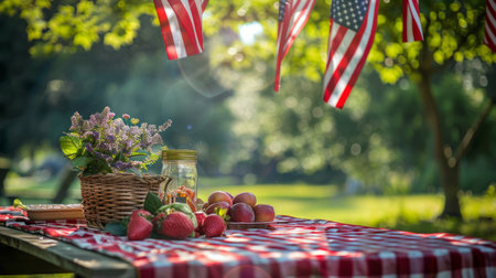 A festive picnic table setup with the American flag and fresh fruit, perfect for a patriotic outdoor celebrationの素材