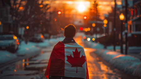 A person draped in a Canadian flag walking through a city at sunrise, with a warm and peaceful atmosphereの素材