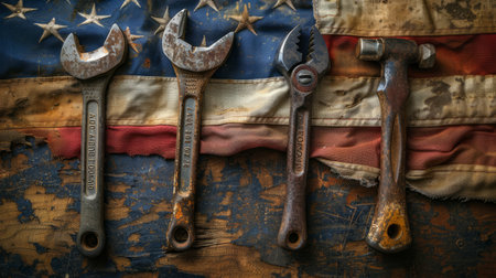 Rusty old tools placed on an American flag background, symbolizing heritage and craftsmanshipの素材