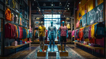 Modern clothing store interior with mannequins displaying fashionable attireの素材
