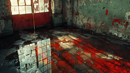 An eerie abandoned building with shattered windows and puddles of water, evoking a sense of mystery and decayの素材