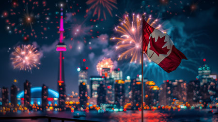 A Canadian flag prominently displayed against a backdrop of city fireworks lighting up the night skyの素材