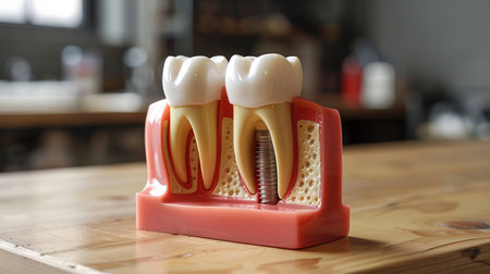 A dental model showing tooth implants on a table, illustrating dental care and oral health conceptsの素材