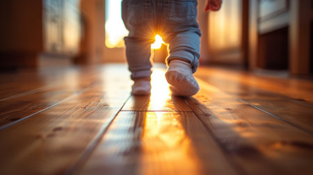 A baby walking on a wooden floor in sunlight, capturing a precious moment of early childhoodの素材