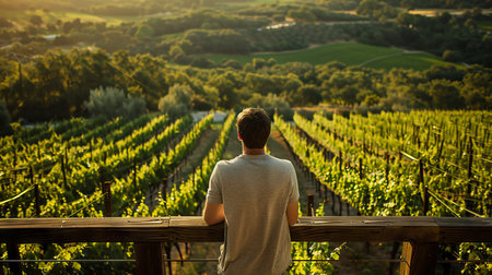 A man standing on a deck, admiring the beautiful vineyard landscape at sunset, with rows of grapevines stretching outの素材