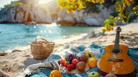 A scenic picnic setup on a beach with a guitar and various fruits, ideal for a summer dayの素材