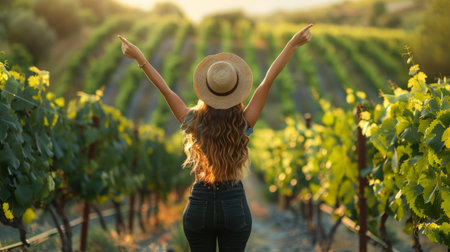 A woman with outstretched arms enjoying the sunset in a lush vineyardの素材