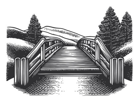 This detailed engraving showcases a wooden bridge set in a serene landscape, featuring rolling hills and lush trees, ideal for nature-themed projects.のイラスト素材