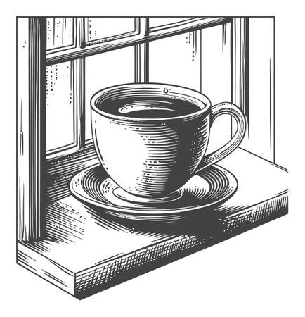 This detailed engraving features a coffee cup resting on a window sill, creating a cozy atmosphere. Ideal for kitchen decor and artistic projects.のイラスト素材