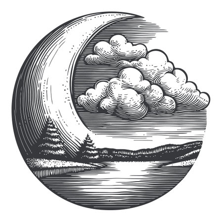 This detailed black and white engraving depicts a serene landscape featuring a crescent moon, clouds, and pine trees reflecting in a calm river. Perfect for nature themes.のイラスト素材