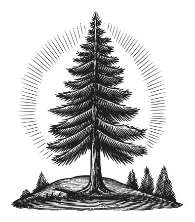 Detailed vintage engraving of a tall pine tree with radiating lines. Perfect for nature lovers, botanical illustrations, or rustic-themed designs.のイラスト素材