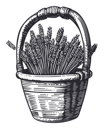A detailed vintage engraving depicting a basket filled with wheat stalks. Perfect for themes of agriculture, harvest, and nature in decor or art projects.のイラスト素材