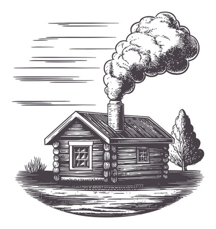 Detailed vintage engraving of a rustic cabin with a smoking chimney and a tree, perfect for illustrating cozy countryside scenes and traditional architecture.のイラスト素材