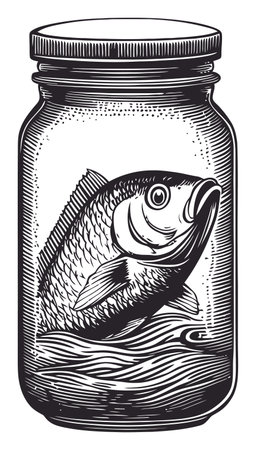 This vintage engraving features a fish preserved in a jar, perfect for artistic projects, decor, or culinary themes. Its detailed illustration enhances various designs.のイラスト素材