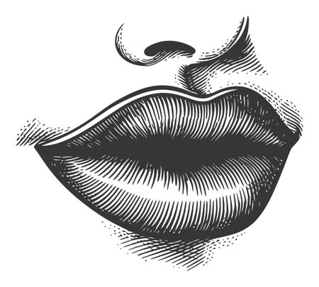 Detailed engraving illustration of lips in black and white, showcasing artistic craftsmanship. Ideal for beauty, fashion, and graphic design projects.のイラスト素材