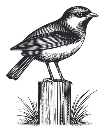 A finely detailed engraving of a bird perched on a wooden post, showcasing intricate line work and shading in a classic black and white design, perfect for art lovers.のイラスト素材