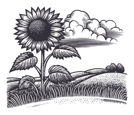This detailed black and white engraving features a sunflower in a serene countryside setting, with rolling hills and clouds above, ideal for artistic projects.のイラスト素材