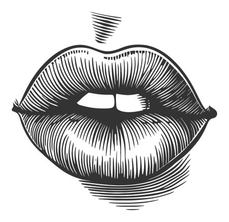 This striking black and white engraving of lips showcases meticulous line work and bold textures, perfect for beauty projects, fashion design, and artistic expressions.のイラスト素材
