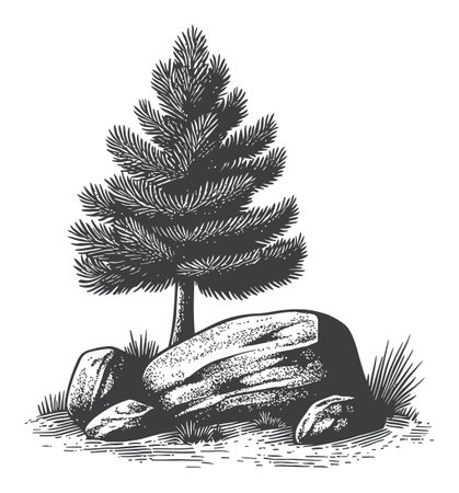This is a detailed black and white engraving featuring a pine tree standing beside large rocks. The artwork captures the beauty of nature in a classic artistic style.のイラスト素材