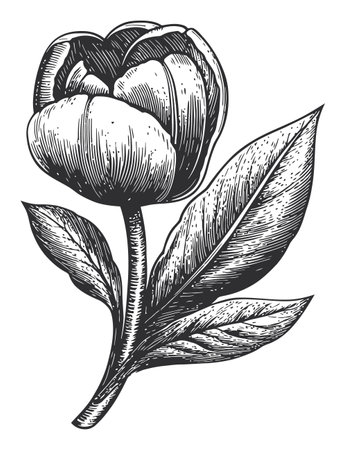 This detailed engraving features a single tulip flower with exquisite leaf designs, showcasing fine lines and vintage aesthetics, perfect for botanical illustrations.のイラスト素材