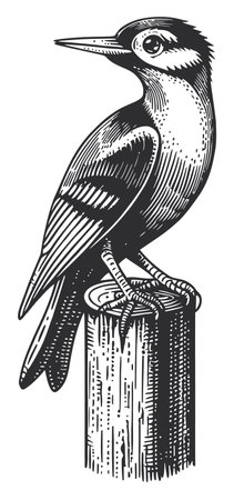 Explore this detailed vintage engraving of a woodpecker on a post. Perfect for nature lovers, art enthusiasts, and anyone seeking unique wildlife illustrations.のイラスト素材