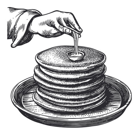 Vintage engraving of a hand drizzling syrup over a delicious stack of pancakes on a plate. Perfect for food enthusiasts and culinary art lovers.のイラスト素材