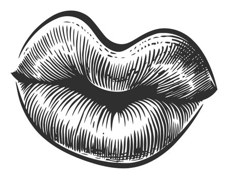 Vintage engraved illustration of elegant lips, perfect for creative projects, graphic design, and artistic expressions. Enhance your designs with this stylish vector image.のイラスト素材