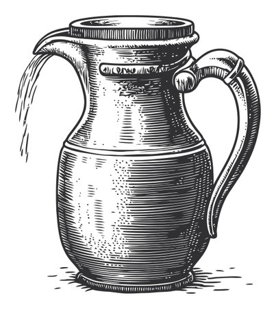 Detailed engraving of a pitcher pouring water, showcasing a vintage design with intricate lines and textures, perfect for artistic projects or home decor.のイラスト素材