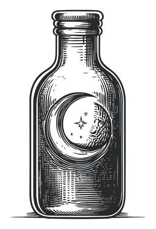 This vintage engraving showcases a glass bottle featuring a moon and star design. Ideal for artistic projects, it captures a mystical essence with intricate details.のイラスト素材