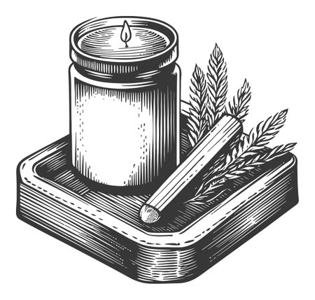 This detailed black and white engraving features a candle placed on a tray, surrounded by herbs and a stick, ideal for home decor and relaxation themes.のイラスト素材