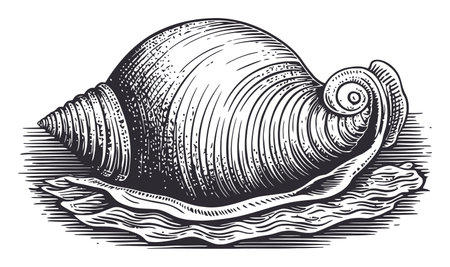 This detailed engraving of a seashell in linocut style showcases intricate texture and design, perfect for art projects or coastal themes.のイラスト素材