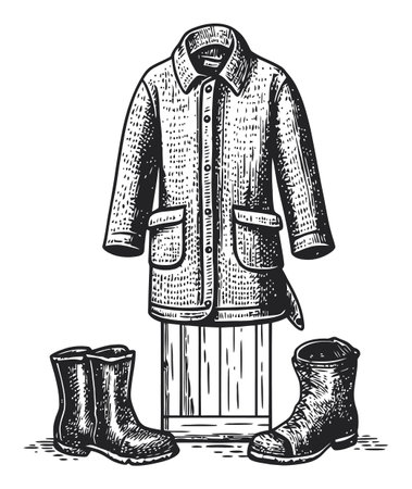 Detailed vintage engraving of a stylish coat and two pairs of boots, perfect for outdoor wear. The black-and-white illustration showcases craftsmanship and historical fashion elements.のイラスト素材