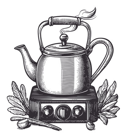 This vintage engraving features a traditional kettle on a stove, surrounded by leaves. Perfect for kitchen decor, this hand-drawn illustration captures the essence of home cooking and timeless design.のイラスト素材
