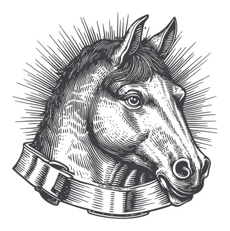 This classic engraving features a detailed horse head design, radiating beauty and strength. Ideal for art lovers, illustrations, and vector graphics.のイラスト素材
