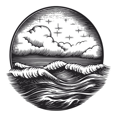 Captivating engraving of ocean waves and clouds in a round design, showcasing artistic craftsmanship. Ideal for nature enthusiasts and designers.のイラスト素材