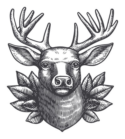 This striking vintage engraving features a deer head adorned with elegant leaves, showcasing intricate details and artistic flair. Perfect for wildlife enthusiasts.のイラスト素材