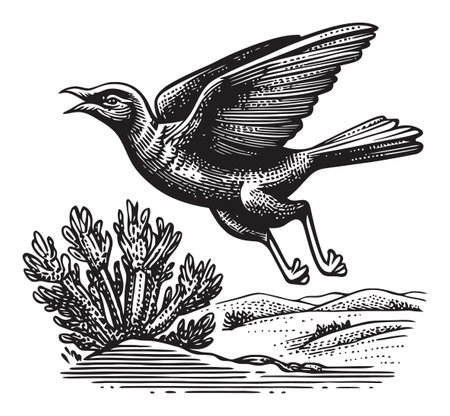 Captivating illustration of a bird in flight over a desert landscape, showcasing detailed engraving style. Perfect for wildlife and nature-themed projects.のイラスト素材