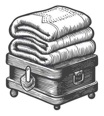 This vintage engraving showcases elegantly folded blankets atop a decorative storage box, perfect for adding a cozy touch to any home decor.のイラスト素材